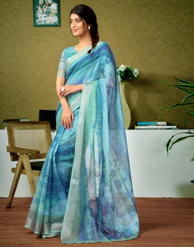Image of SIRIL Women's Cotton Linen Printed Readymade Saree 1 Minute Ready to Wear Saree With Unstitched Blouse Piece