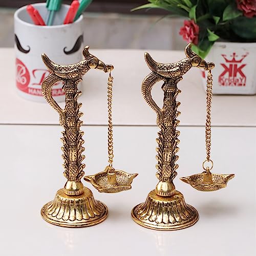 Image of Kridaykraft Parrot Design Metal Hanging with Chain Diya Pair of Parrot Design Bird Diya Deepak Oil Lamp Metal Gold Finish