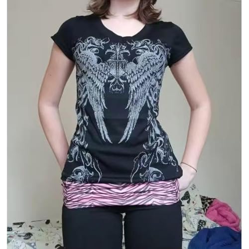 Grunge Shirts 2000s Clothing Women Vintage Graphic Tees Y2k Short Sleeve Goth Tops Teens Emo Clothes Streetwear2