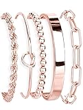 Gokeey Rose Gold Cuff Bracelets for Women,Dainty Rose Gold Bangles Bracelets Set for Women, Paperclip Link Chain Rope Beaded Tie Knot Bracelets Stack Chunky Jewelry