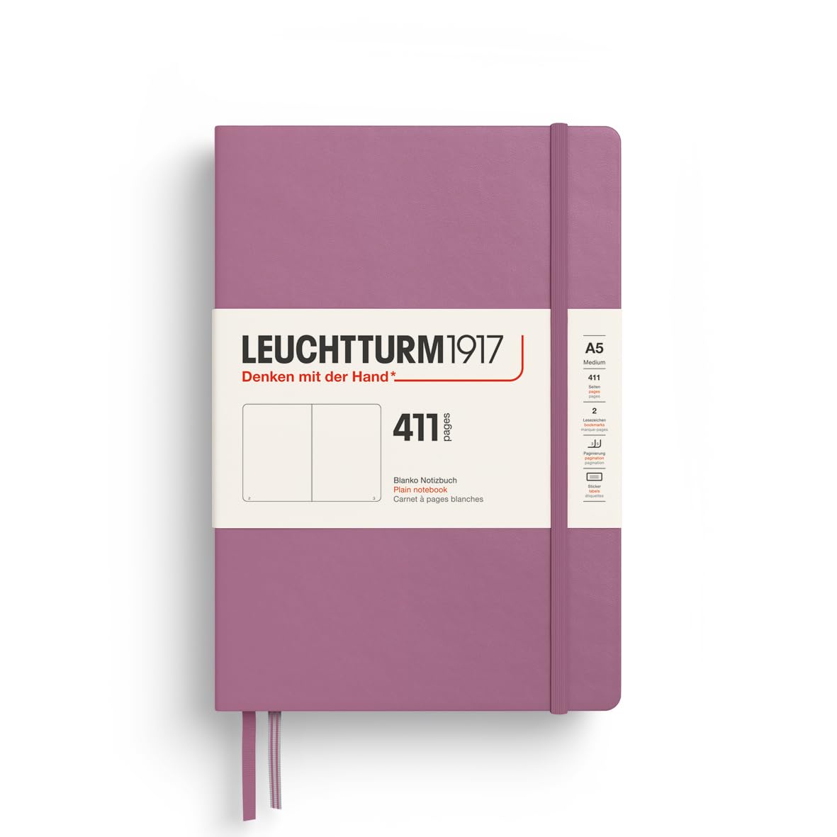 LEUCHTTURM1917 372921 Notebook 411 Medium (A5), Hardcover, 411 Numbered Pages, Dusty Rose, Plain, More Thoughts, More Ideas, More Memories, More Pages