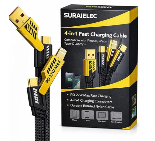 SURAIELEC (Set of 2) 4-in-1 Multi Fast Charging Cable – 3A Nylon Braided 1.5M Cable with Type-C & Micro USB for iPhone, iPad, Samsung, OnePlus, Xiaomi, Oppo, Vivo, Android & Car Charging