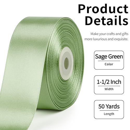 Image of Mauproy 1-1 /2 Inch Wide Sage Green Satin Ribbon, 50 Yards Solid Polyester Fabric Ribbon for Flower Bouquets, Roses Making, Gifts Wrapping, Wedding Decorations, Handemade Crafts