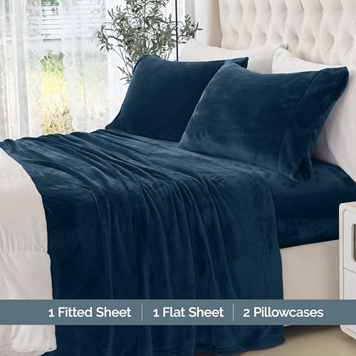 Elegant Comfort Luxuriously Soft 4-Piece Velvet Plush Flannel Sheet Set - Premium Quality - Cozy Warm, Anti-Static, Non Pilling Fuzzy Velvet Flannel Fleece Deep Pocket Sheet Set - Twin XL, Navy