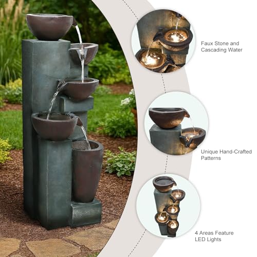 Image of Naturefalls 39.7 inch Tall Outdoor Water Fountain and Waterfalls - Large Garden Fountain with LED Lights, 5-Tier Cascading, Indoor and Outdoor Fountains for Garden, Patio, Deck, Porch, Backyard and Home
