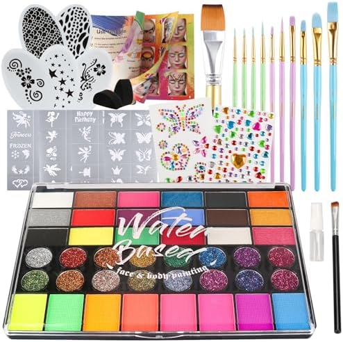 Pintada 42 Color Face Painting Kit for Kids - Non Toxic Water Activated Face Paint Palette With Stencils, Brush, Gems. For Carnival, Halloween, Costume Makeup and Any Creative Activity with Kids