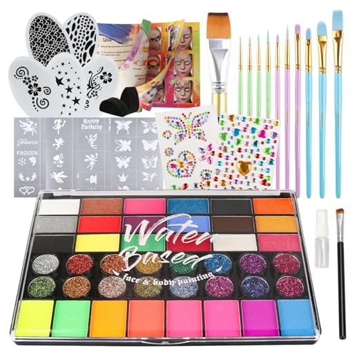 42 Color Face Painting Kit for Kids - Non-Toxic Water-Activated Face Paint Makeup Palette with Stencils, Brush, Gems - For Halloween, Carnivals, Costume Parties, Body Art, Fairs & Creative Events.