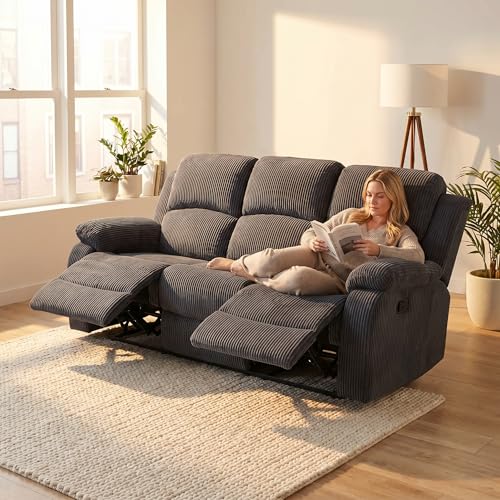 Image of Corduroy Power Recliner Sofa Set, Corduroy Recliner Couch Sets with Multi Angle Reclining, 3 Piece Sectional Sofa with USB Charging Port for Home Theater, Living Room, Office, Dark Gray