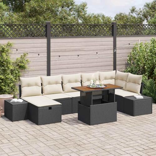 Salon de jardin 8 pièces en polyrotin et bois d'acacia, canapé d'angle noir avec pieds réglables, pouf modulaire et table, sièges confortables en fibre