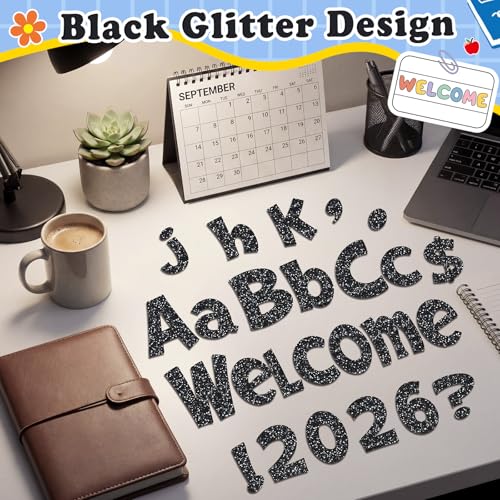 Image of Colarr 144 Pcs Glitter Bulletin Board Letters for Classroom Number Alphabet Punctuation Symbol Cutout 4'' Die-Cut Poster Letter with Adhesive Dot School Party Holiday Decor Display(Black)