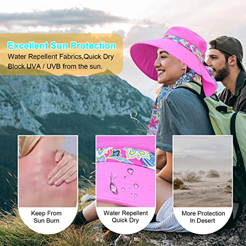 Image of Women Wide Brim Face Mask Sun Hat Detachable Neck Face Flap Ponytail UV Protection Visor Hat Garden Fishing Hiking
