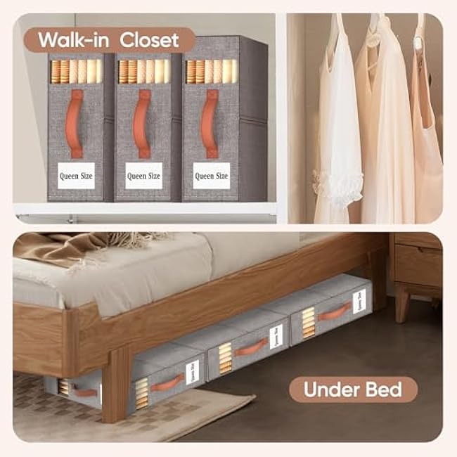 4 Pack Bed Sheet Organizers and Storage(King &Queen Size) with an Elastic Strap, Foldable Closet Linen Sheet Storage Container, Sheet Set Box for Blankets, Duvet Covers and Pillowcase, Grey