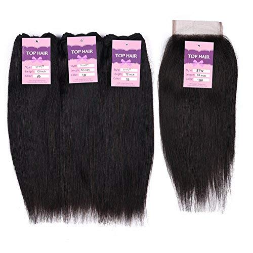 Brazilian Human Hair Bundles with Clousre 4×4 Lace Closure 1b Natural Black Straight Human Hair Extension Unprocessed Remy Human Hair Weave(1b 8/10/12+12 Closure 350gram)