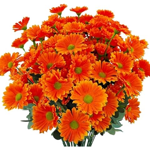 MUTCOLOR 8 Bundles Fake Mums Silk Artificial Fall Gerbera Daisy Flowers for Outdoors Realistic Fake Floral Bouquet UV Resistant for Outside Home Indoor Garden Porch Table Vase Fall Decoration (orange) Cover