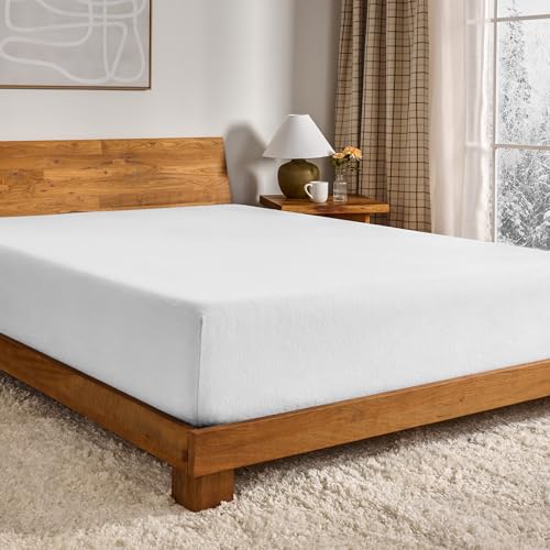 Bare Home Flannel Fitted Bottom Sheet 100% Cotton Velvety Soft Heavyweight - Double Brushed Flannel - Deep Pocket (Queen White)