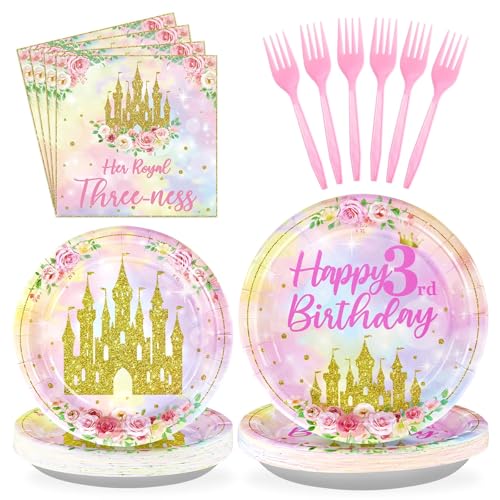 Image of Grencian 96 Pcs Princess 3rd Birthday Party Decorations, Serves 24 | Her Royal Threeness Plates and Napkins Pastel Rainbow Castle Tableware Set for Girls Princess Three Years Old Party Supplies