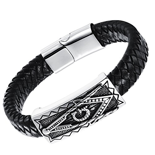OIDEA Pulsera Hombre Cuero con Acero Masonería Brazalete con Zócalo Magnético Joyería de Moda Hipoalergenico