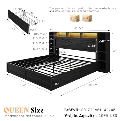 Image of AMERLIFE 45'' Farmhouse Queen Bed Frame with 4 Drawers, LED Bed Frame with Bookcase Headboard & Side Shelves, Wood Platform Bed with Charging Station, Black