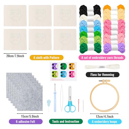 Image of WATINC Frog Punch Needle Coaster Kit - 22Pcs Crafts Punch Needle Coasters Kits for Beginners, Frog Patterns Coaster Tufted Rug Pads with Adhesive Felt Yarns Embroidery Hoop Instruction