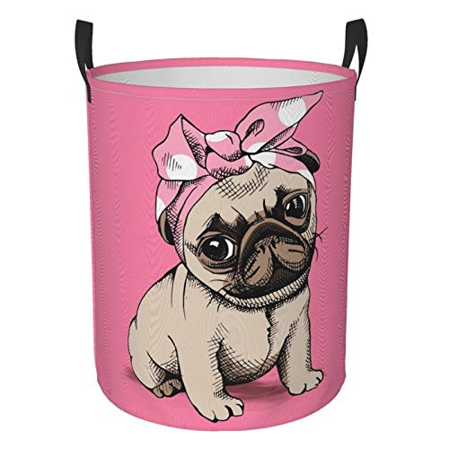 Delerain Cute Pug Laundry Basket, Waterproof Laundry Hamper with Handles, Collapsible Toy Bins Dirty Clothes Round Storage Basket for Home Bathroom Office Nursery, 16.5X13.8(S)