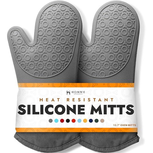 Image of BPA-Free Soft Silicone Oven Mitts - Ultra Heat Resistant Oven Mitts with Thick Cotton Liner - Long Slip Resistant Pot Holders, Flexible Oven Gloves - Gray 13.7 inch