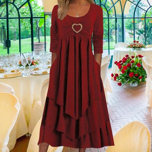 Bengbobar Women's Heart Crewneck Long Sleeve Tiered Dresses Solid Color Casual Fall Wedding Party Guest Dress with Pockets3