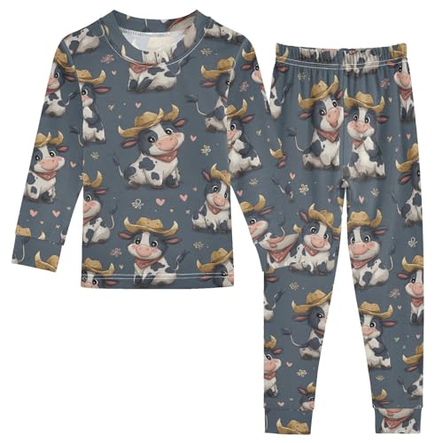 Pajama Sets Long Sleeve Cow Pattern with Hearts Soft Comfy Sleepwear 2 Piece PJS 3-8T