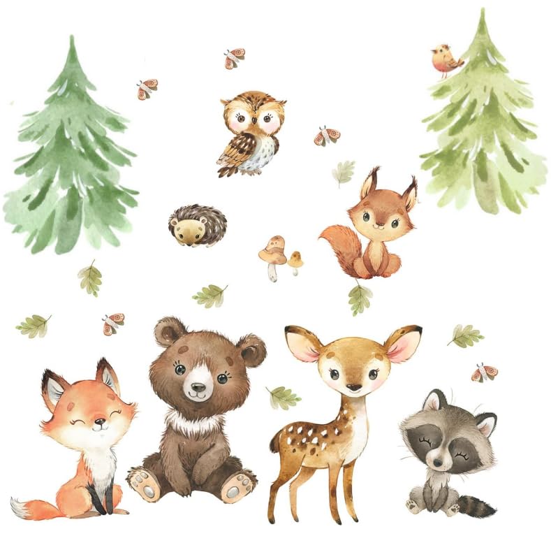 Image of Woodland Wall Decals Stickers Peel and Stick for Baby Boys Girls Nursery Bedroom Netral Decor,Woodland Animals Wall Decals Stickers Forest Animals Bear Fox Owl Raccoon Deer