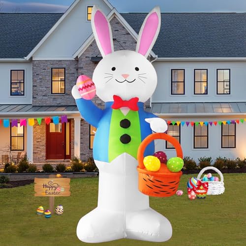 InfleasJoiy 12FT Bunny Basket Easter Inflatable Decoration with Built-in LED Lights for Holiday Celebration Decorations on Yards Lawns and Patios