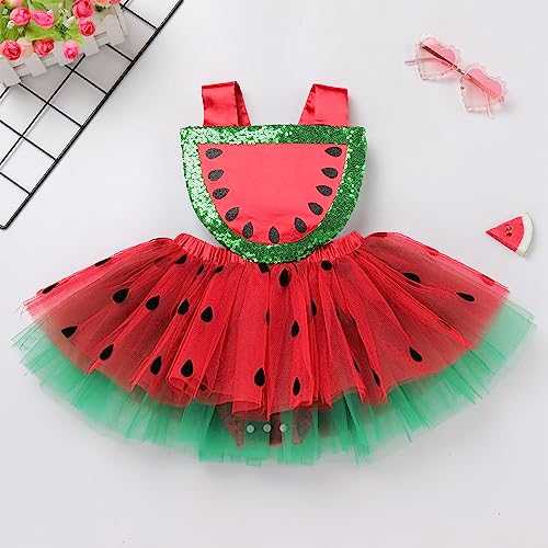 Baby Girls 1st 2nd Birthday Outfit Sequin Watermelon Print Tulle Ruffle Sleeveless Backless Princess Party Tutu Dress with Headband Melon Cake Smash Clothes for Photo Shoot Red Watermelon 12-18 Months