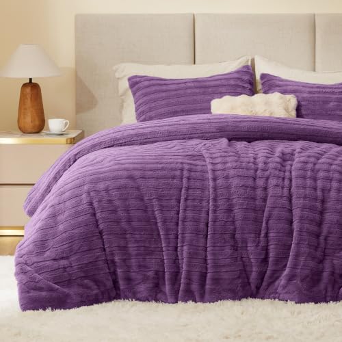 Image of BEDELITE Faux Fur Queen Comforter Set, Fluffy Bed Set, Purple | Super Soft & Warm, Luxury Fuzzy Cozy Comforter for Winter, Heavy Plush Bed set, with 2 Pillowcases