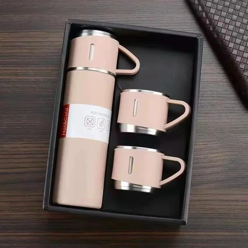 Image of Stainless Steel Vacuum Insulated Bottle Set 500ml with 2 Cups Combo Leak Proof Water Flask Bottle for Tea Coffee Water Travel School Office Corporate Gifts Pink Simple - Not a Thermos