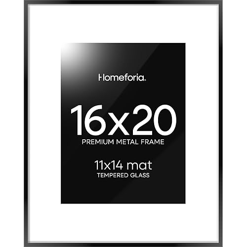Homeforia 16 x 20 Picture Frame Black, High End Metal 11x14 Matted for 16x20 Frame, 16 x 20 Black Poster Frame with Mat 11 x 14 inch Photo, 20x16 Thin Hanging Frame, Tempered Glass, Wall Kit, Set of 1
