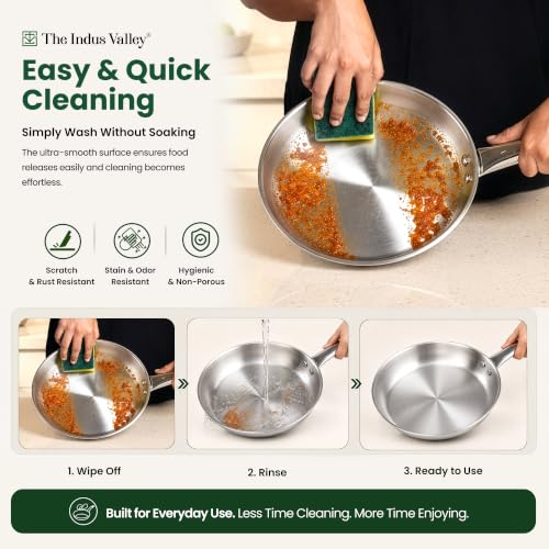 Image of The Indus Valley Tri-Ply Stainless Steel Cookware Combo Set of 3 | 20cm Kadai + 20cm Fry Pan + 14cm Saucepan | 304 Food-Grade Stainless Steel | 3-Layer Thick Body | Induction Compatible