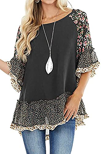 CASURESS Women's Floral Printed Ruffle 3 4 Sleeve Shirt Batwing Loose Tops Blouses Pullover4