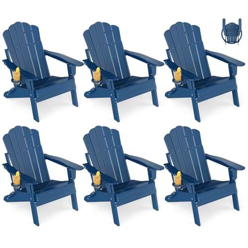GREENVINES Oversized-Folding-Adirondack-Chairs-Set-of-6 | HDPE Plastic | Cup Holder | Fire Pit Chair | All Weather | for Outdoor Deck Backyard | Blue