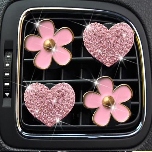 Image of 4 Pcs Pink Heart & Flower Pandent Air Vent Clips,Bling Heart and Flower Air Fresheners Vents Clips Diamond Car Interior Decor Bling Cute Car Accessories Decoration for Women+ Sunflower Mask Hook