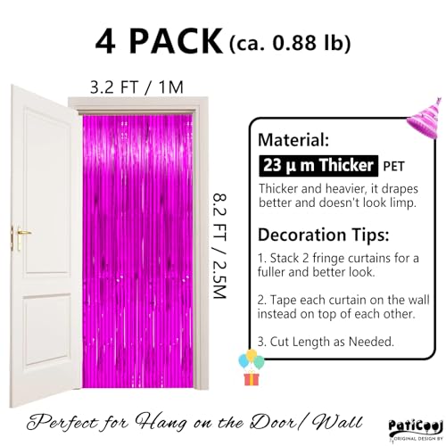 Image of Thicken Hot Pink Streamers 4 Pack 3.2x8.2 FT, Hot Pink Tinsel Fringe Backdrop Curtains for Birthday, Luau, Hawaiian Party Decorations