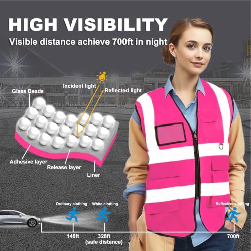 Image of 10 Pack Neon Reflective Safety Vests, Pink High Visibility Construction Vests, Pockets & Zipper Vest for Men & Women