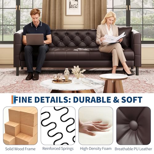 GAOMON 81" Leather Couch, Handmade Button Tufted 3 Seater Sofa, Chesterfield Sofa with Deep Seat and 2 Pillows, Leather Sofa for Living Room Apartment, Office, Dark Brown - Image 4