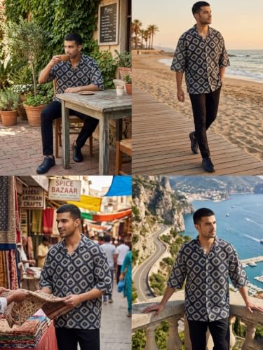 Image of GRECIILOOKS Men`s Shirt | Mens Casual Crochet Knitted | Half Sleeve Printed Crochet with Cuban Collar Shirt`s | Relaxed fit Down Shoulder Textured & Stylish Premium Mens Shirt