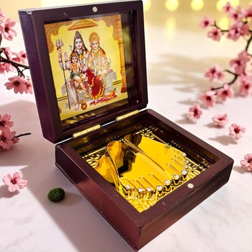 Image of Shiv Ji Pocket Temple Charna Paduka Shiv Parivar | Gold Plated Box God Idol Bhagwan | Shivratri & Savan Gift Item | Om Namah Shivay | Religious Gift for Mom & Dad (Shiv Ji)