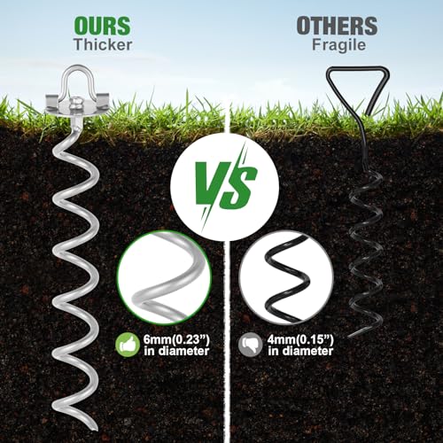 MIXXIDEA 17.5 Inch Gound Anchors Screw in, Metal Spiral Earth Anchors Kit, Heavy Duty Folding Ring Spiral Stake with Straps, Ground Stakes for Tent Trampolines, Sheds, Swings (Silver, 17.5 Inch)