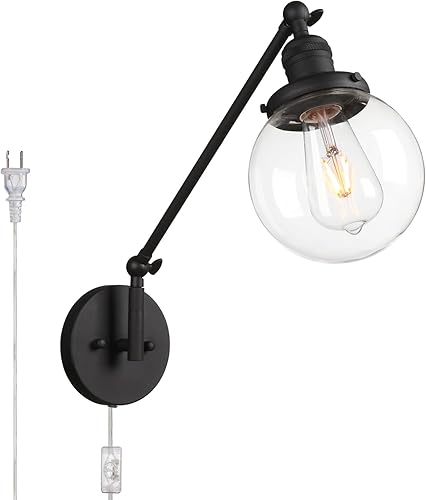 PERMO Aplique de pared industrial vintage con mini pantalla redonda de vidrio transparente soplado a mano de 5.9 pulgadas (negro)