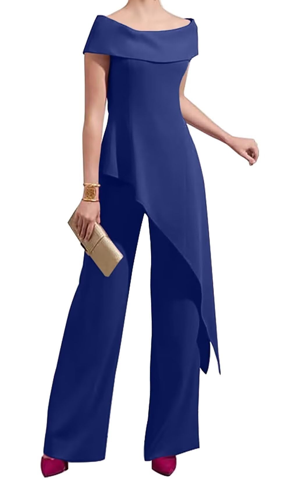 Mother of The Bride Pant Suits for Wedding Off Shoulder Chiffon Wedding Guest Outfit for Women