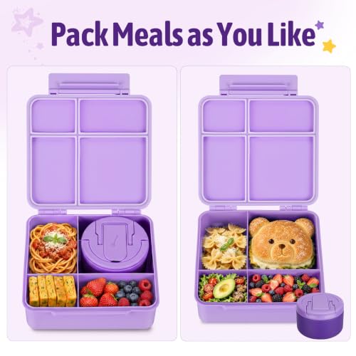 Image of MAXSO Bento Lunch Box Set for Kids with 8 oz Soup Thermo, Leakproof Hot Food Container with 4 Compartments, Insulated Food Jar for Toddler Daycare Boys Girls School - Purple