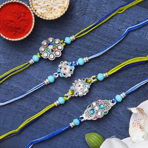 Image of eCraftIndia Set of 4 Multicolor Kundan Floral Designer Rakhis, Best Bro Ever Fridge Magnet with Roli Chawal Pack - Rakhis for Brother, Bhabhi, Kids