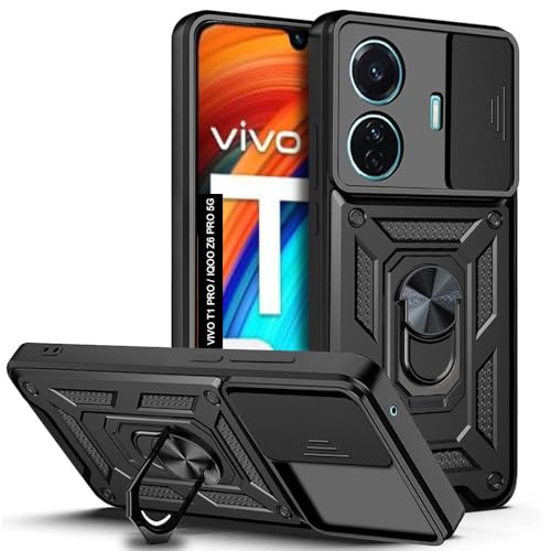 Image of AESTMO Polycarbonate Tough Armor Vivo T1 Pro 5G / Iqoo Z6 Pro 5G Bumper Back Case Cover|Ring Holder & Sliding Camera Shield Cover|360 Degree Protection Back Case Cover for Vivo T1 Pro 5G (Black)