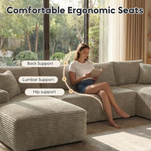 Image of 125 inch U-Shaped Modular Sectional Sofa, Corduroy Boneless Couch, Camel
