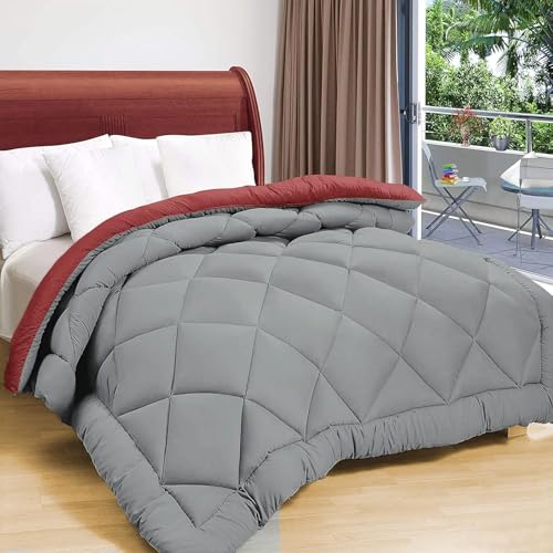 Image of Dream Living Microfibre All Season /AC /Summer Solid Reversible Single Bed Comforter Blanket (Grey-Maroon-Single, Single-152X220)